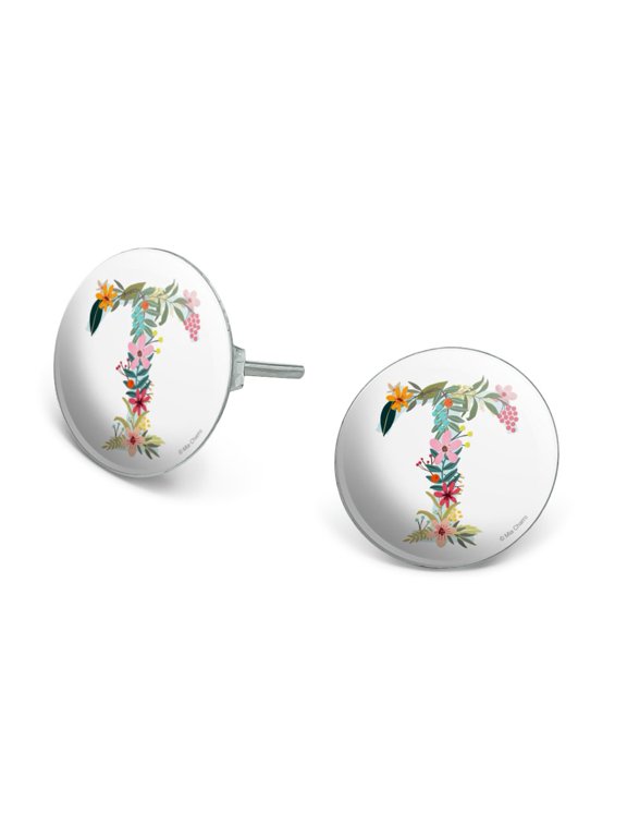 Letter T Floral Monogram Initial Novelty Silver Plated Stud Earrings