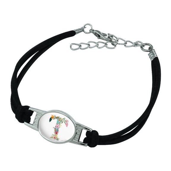 Letter T Floral Monogram Initial Novelty Suede Leather Metal Bracelet