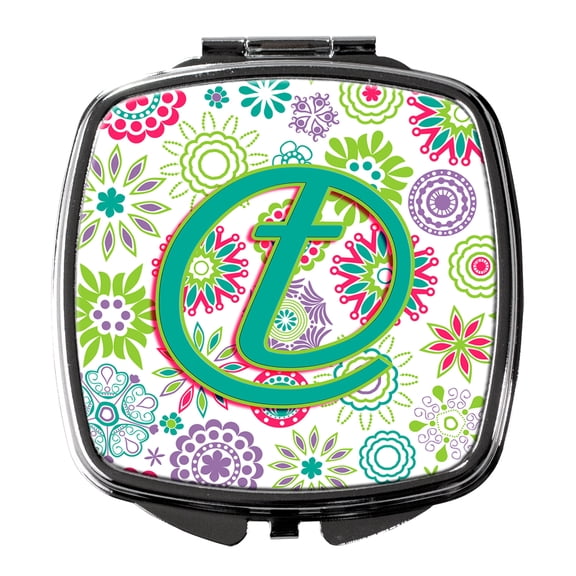 Letter T Flowers Pink Teal Green Initial Compact Mirror CJ2011-TSCM