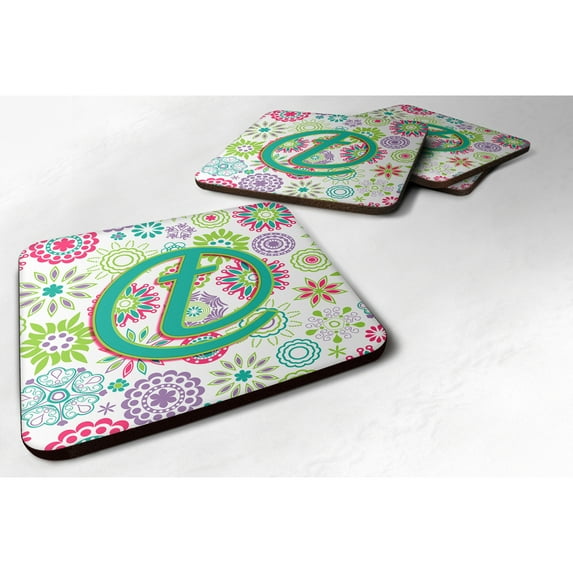 Letter T Flowers Pink Teal Green Initial Foam Coaster Set of 4