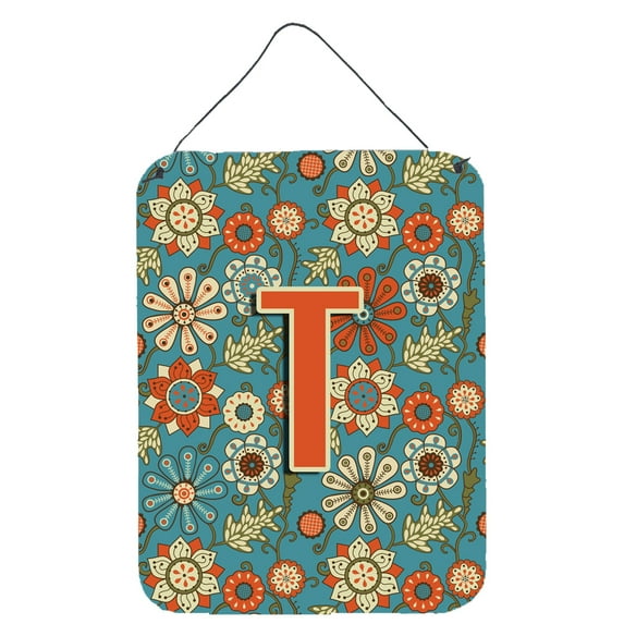 Letter T Flowers Retro Blue Wall or Door Hanging Prints