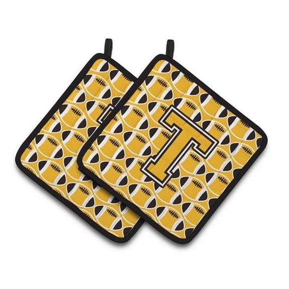 Letter T Football Black - Old Gold & White Pair of Pot Holders - 7.5 x 3 x 7.5 in.