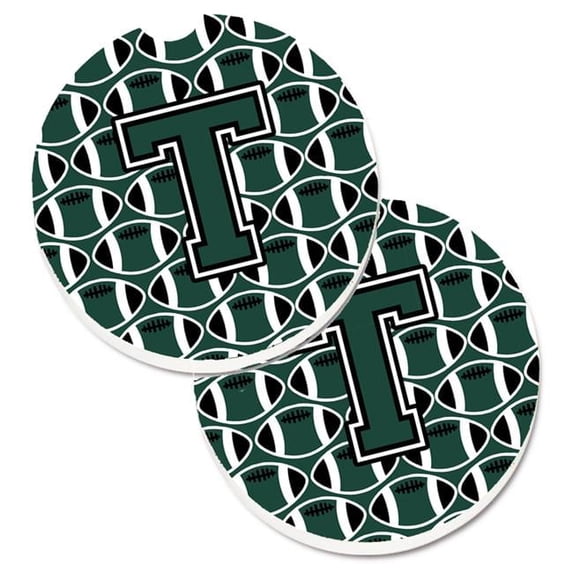 Letter T Football Green & White Set of 2 Cup Holder Car Coaster