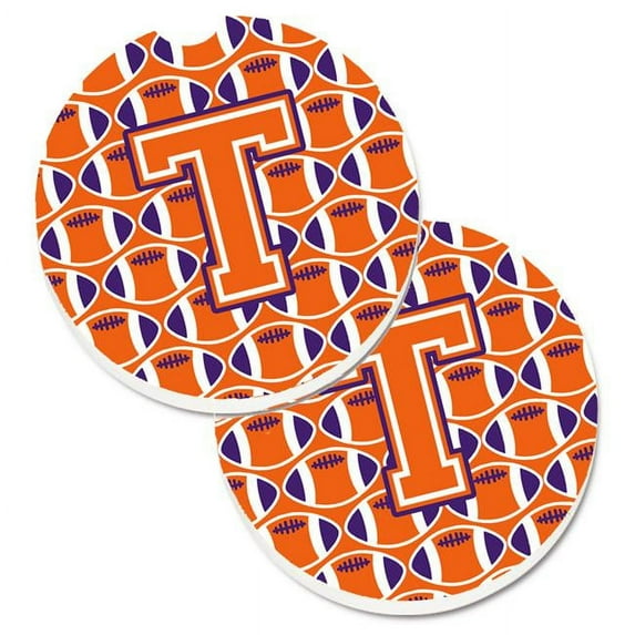 Letter T Football Orange with White & Regalia Set of 2 Cup Holder Car Coaster