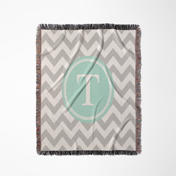 Letter T Grey And White Chevron With Mint Monogram Personal Initial T, Woven Blanket