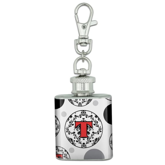 Letter T Initial Damask Elegant Red Black Stainless Steel 1oz Mini Flask Key Chain