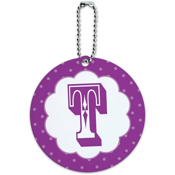 Letter T Initial Flower Purple Round Luggage ID Tag Card for Suitcase or Carry-On