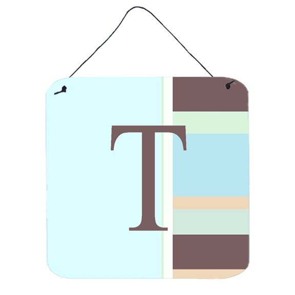 Letter T Initial Monogram - Blue Stripes Wall or Door Hanging Prints