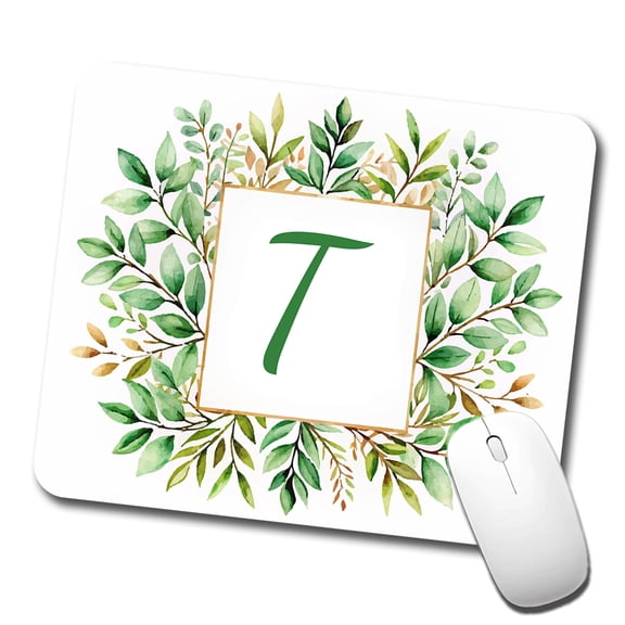 Letter T Initial Monogram Frame Leaf Mouse Pad Low Profile Gaming Mat