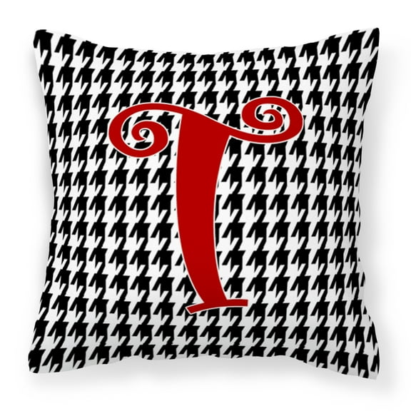 Letter T Initial Monogram - Houndstooth Black Fabric Decorative Pillow
