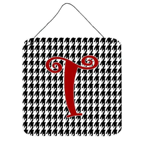 Letter T Initial Monogram - Houndstooth Black Wall or Door Hanging Prints