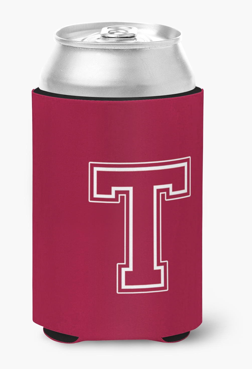 Letter T Initial Monogram - Maroon and White Can or Bottle Hugger
