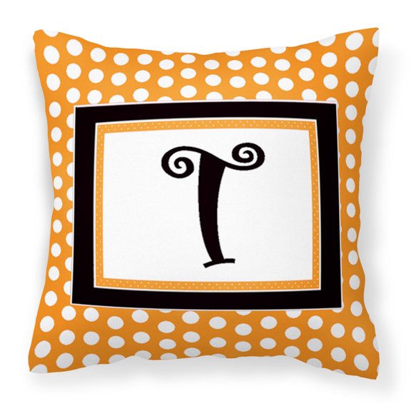 Letter T Initial Monogram - Orange Polkadots Fabric Decorative Pillow