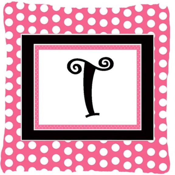 Letter T Initial Monogram - Pink Black Polka Dots Indoor & Outdoor Fabric Decorative Pillow
