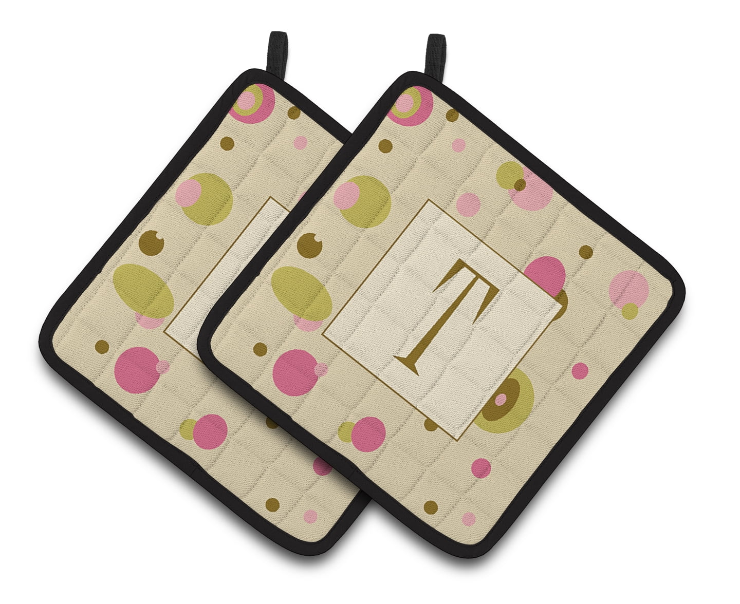 Letter T Initial Monogram - Tan Dots Pair of Pot Holders