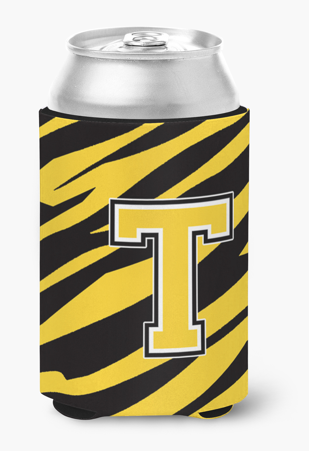 Letter T Initial Tiger Stripe - Black Gold  Can or Bottle Hugger