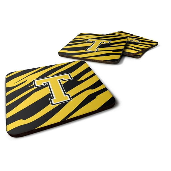 Letter T Initial Tiger Stripe - Black Gold Foam Coaster Set of 4