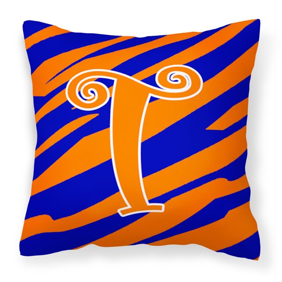 Letter T Initial Tiger Stripe Blue and Orange Fabric Decorative Pillow