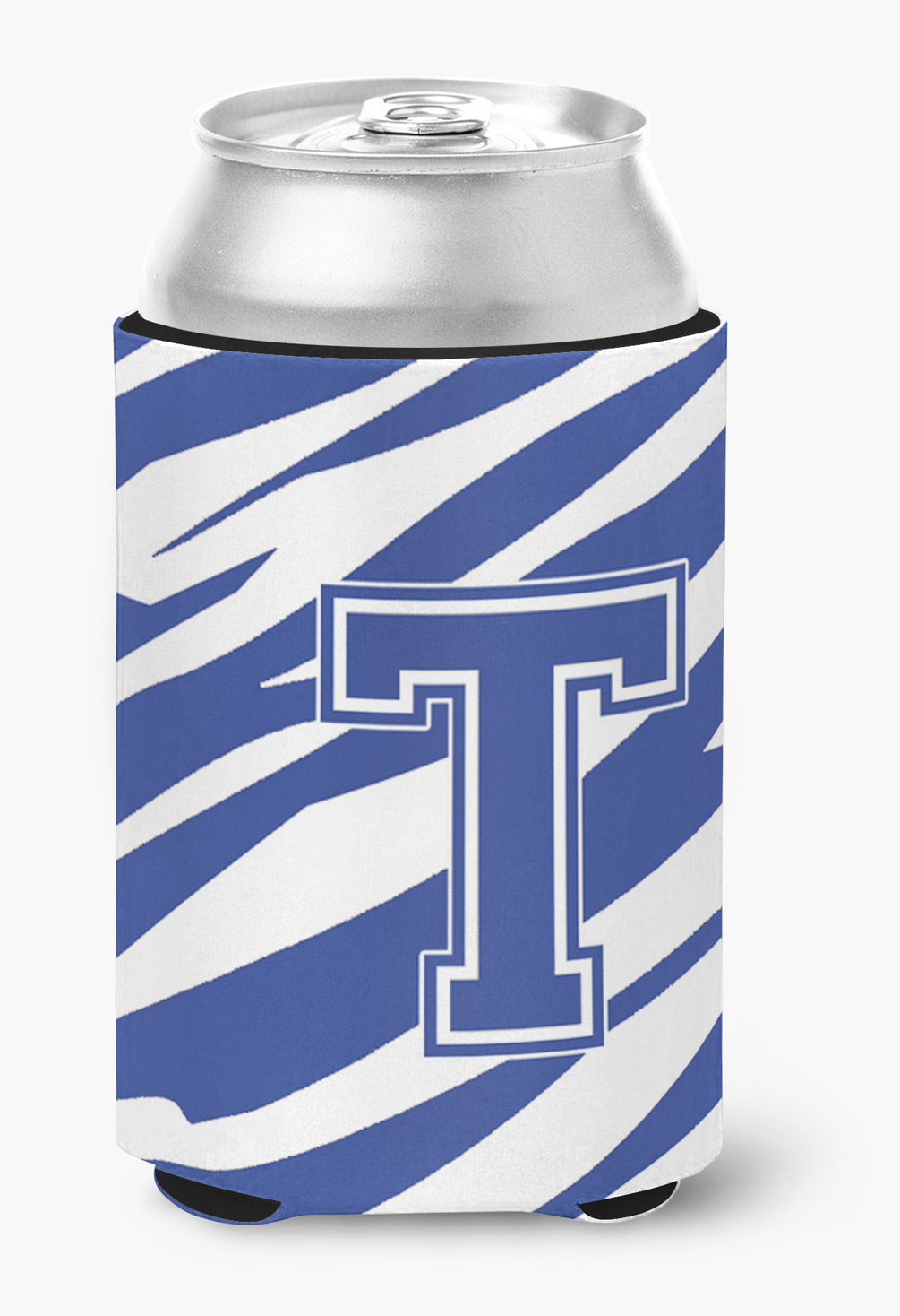Letter T Initial Tiger Stripe Blue and White Can or Bottle Hugger
