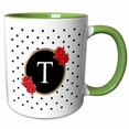 thumbnail image 1 of 3drose, Letter T Monogram Black and White Polka Dots with Red Roses Flowers, 15oz Two-tone Green Mug, 1 of 6