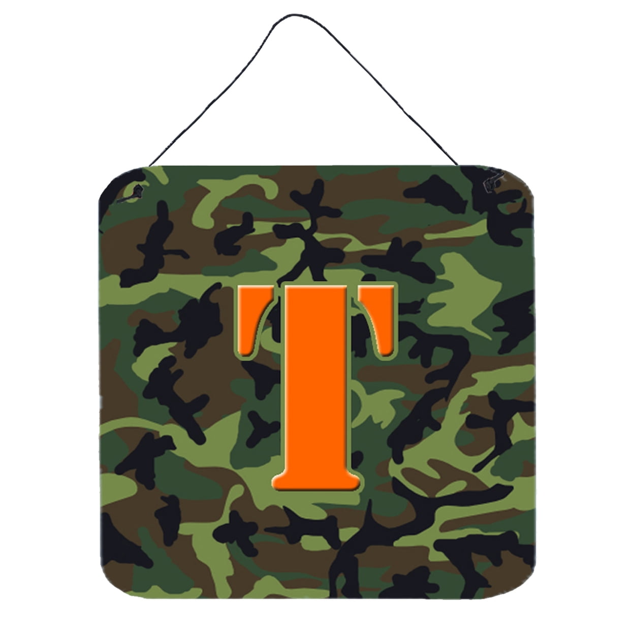 6x6 Camo Green Aluminum Wall Hanging Print with Orange Letter T