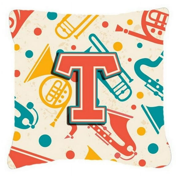 Letter T Retro Teal Orange Musical Instruments Initial Canvas Fabric Decorative Pillow
