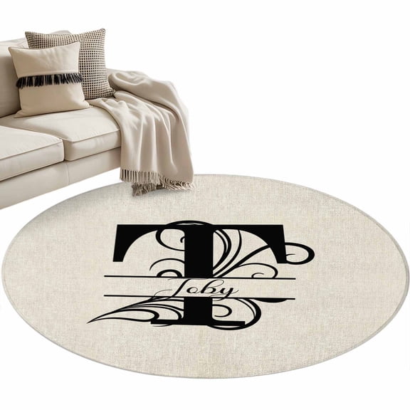 Letter T Round Area Rug 4ft, Monogram Words Washable Non-Slip Circle Rugs for Bedroom Living Room Kitchen, Soft Non Shedding Circle Carpet for Dining Room Dorm