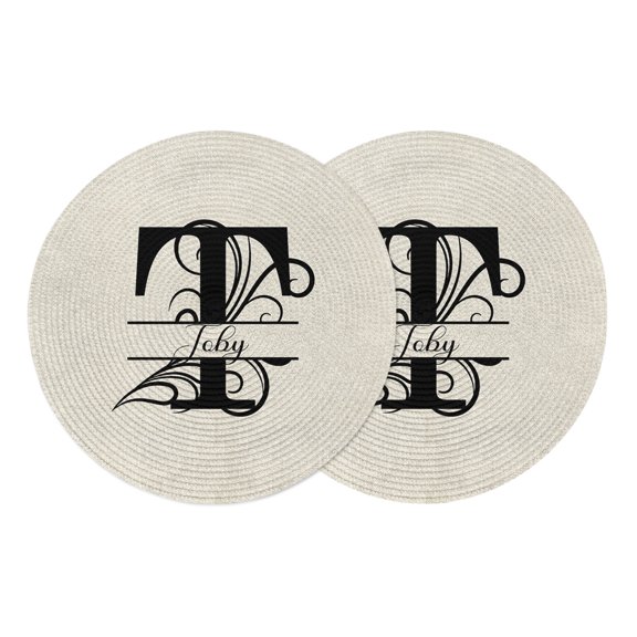 Letter T Round Placemats Set of 2, Braided Polypropylene Place Mats, Monogram Words Washable Table Mats for Kitchen Dinner Holiday Wedding Party Coffee Table Decoration 13"