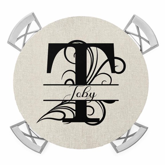 Letter T Round Tablecloth for 45-54 Inch Tables, Fitted Table Cover with Elastic Edge, Monogram Words Waterproof Outdoor Table Cloth Protector for Patio Garden Dinner Picnic