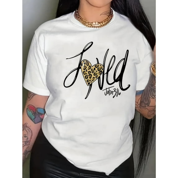 Letter T-Shirt Graphic Tee Heart Top Cotton Lightweight Short Sleeve Fashion Casual White S-5XL