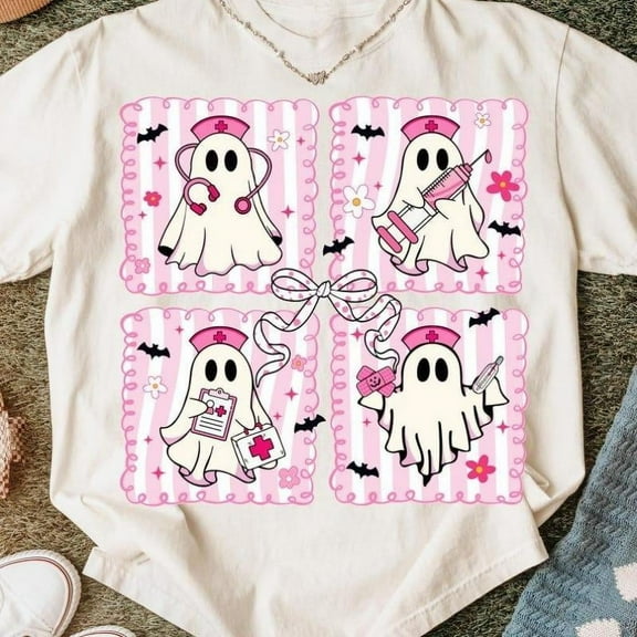 Letter T-Shirt Graphic Tee Nurse Top Halloween Spooky Ghost Design Preppy Medical Humor White S-5XL