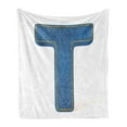 thumbnail image 1 of Letter T Soft Flannel Fleece Blanket, Alphabet Design with Denim Texture Element Blue Jeans Stitches Illustration Print, Cozy Plush for Indoor and Outdoor Use, 50" x 70", Blue Yellow, by Ambesonne, 1 of 5