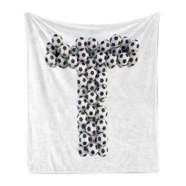Letter T Soft Flannel Fleece Blanket, Horizontal Vertical Soccer Ball Design Competition Theme Alphabet Arrangement, Cozy Plush for Indoor and Outdoor Use, 50" x 60", Black and White, by Ambesonne