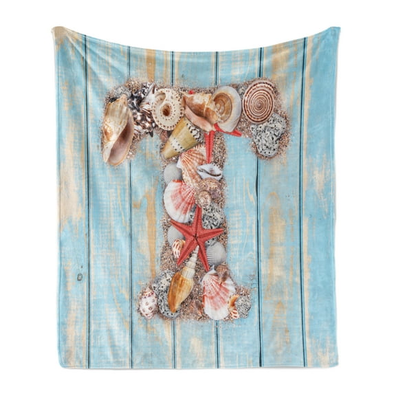 Letter T Soft Flannel Fleece Throw Blanket, Letter T with Freshwater Invertebrates on Weathered Wood Planks, Cozy Plush for Indoor and Outdoor Use, 50" x 70", Dark Coral Pale Blue, by Ambesonne
