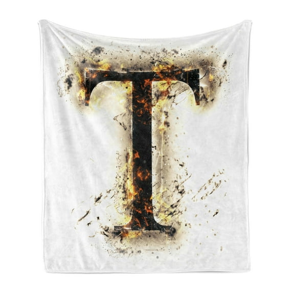 Letter T Soft Flannel Fleece Throw Blanket, Scorching Letter T of Alphabet Design Worn out Background Education, Cozy Plush for Indoor and Outdoor Use, 60" x 80", Tan Black Orange, by Ambesonne