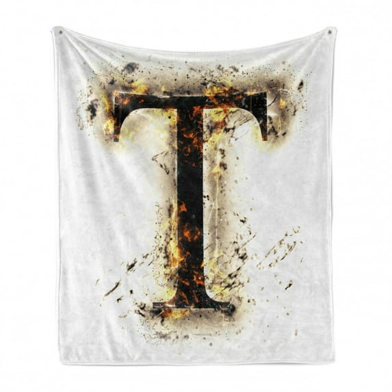 Letter T Soft Flannel Fleece Throw Blanket, Scorching Letter T of Alphabet Design Worn out Background Education, Cozy Plush for Indoor and Outdoor Use, 70" x 90", Tan Black Orange, by Ambesonne