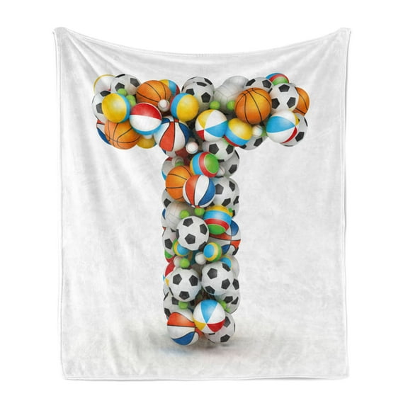 Letter T Soft Flannel Fleece Throw Blanket, Uppercase T with Big and Small Balls Children Motivation for Sports Competition, Cozy Plush for Indoor and Outdoor Use, 70" x 90", Multicolor, by Ambesonne