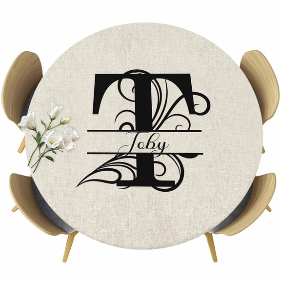 Letter T Table Cloth, Round Fitted Tablecloths with Elastic Edge, Monogram Words Wipeable Waterproof Table Cover for Kitchen Wedding 55-60 Inches