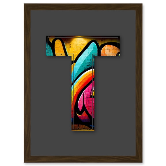 Letter T Tagging Bright Multicoloured Decorative Graffiti Mural Alphabet Initial Stencil Artwork Framed Wall Art Print A4
