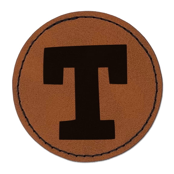 Letter T Uppercase Fun Bold Font 2.5" Faux Leather Round Engraved Iron-On Patch - Brown