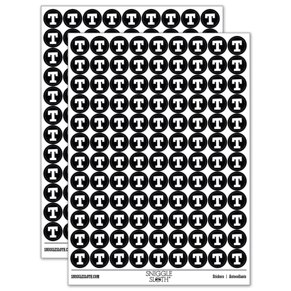 Letter T Uppercase Fun Bold Font 200+ Round Stickers - Black - Gloss Finish - 0.50" Size