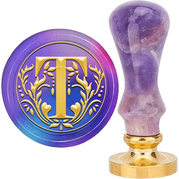 Letter T Wax Seal Stamp Retro Alphabet Initials Sealing Wax Stamp Vintage 26 Letters A-Z 25mm Removable Brass Head with Amethyst Handle for Wedding Anniversary Invitation Gift Decoration DIY