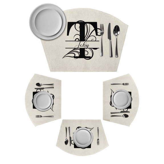 Letter T Wedge Shaped Placemats Set of 2, Cotton Linen Fan Place Mats, Monogram Words Washable Table Mats for Holiday Wedding Party Dinning Coffee Tables 11.8"x17.5"