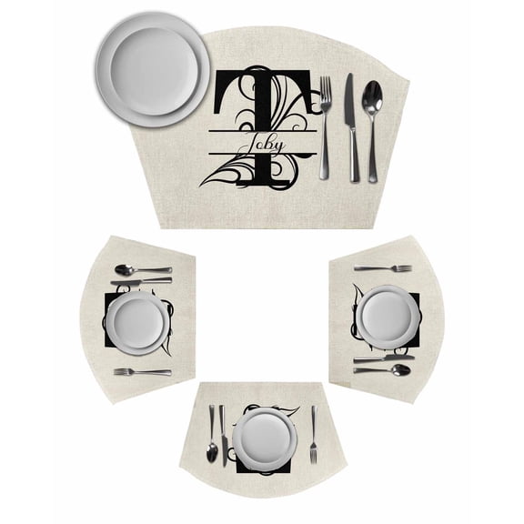 Letter T Wedge Shaped Placemats Set of 6, Cotton Linen Fan Place Mats, Monogram Words Washable Table Mats for Holiday Wedding Party Dinning Coffee Tables 11.8"x17.5"
