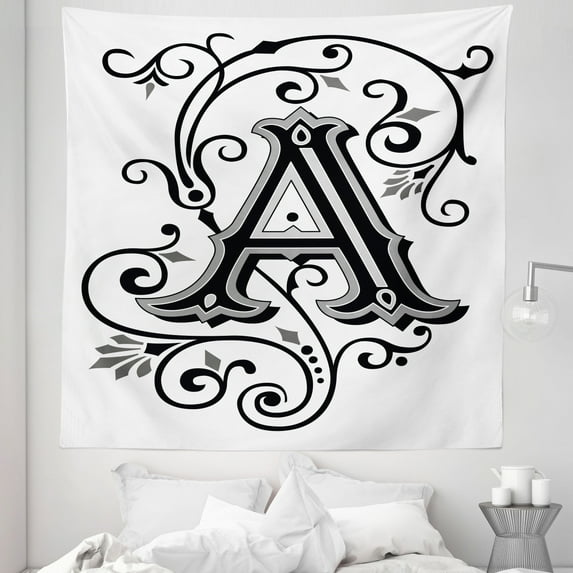Letter a Tapestry, Ornamental Pattern Uppercase First Letter of the Alphabet Abstract Design, Fabric Wall Hanging Decor for Bedroom Living Room Dorm, 5 Sizes, White Black Grey, by Ambesonne