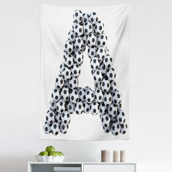 Letter a Tapestry, Realistic Soccer Balls in Form of Capital Sports Play League Competition Theme, Fabric Wall Hanging Decor for Bedroom Living Room Dorm, 5 Sizes, Black White, by Ambesonne
