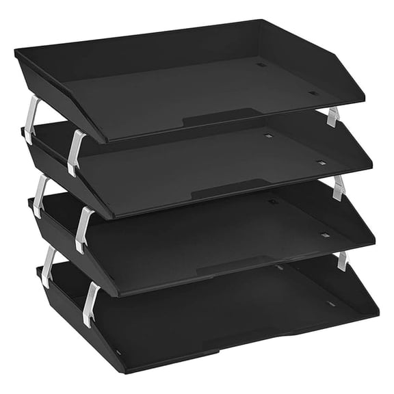 Letter Tray 4 Tier, Desktop File Organizer - Black Plastic Side Load