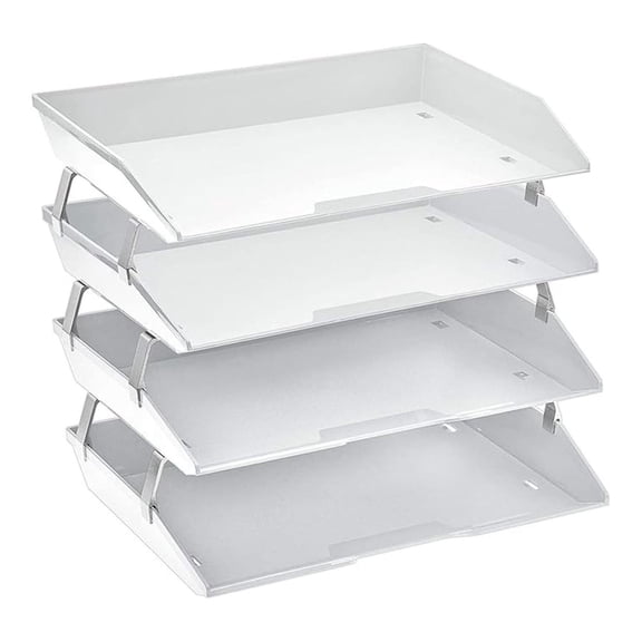 Letter Tray 4 Tier, White Desk Organizer - Side Load File Holder for Office & Home, A4/Letter Size Document Storage, Durable Plastic with Aluminum Support