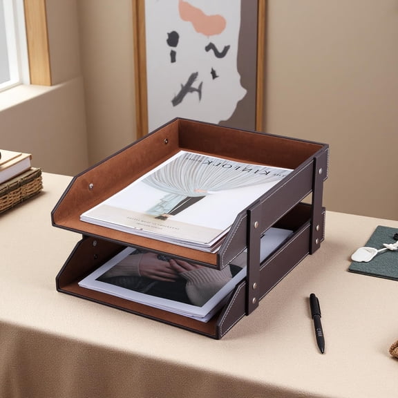 Letter Tray, Leather Paper Organizer Tray, Wooden Desk File Holder, Desktop File, Stackable Magazine Holder, Mail Sorter, Great for Home or Office - 2 Level Brown