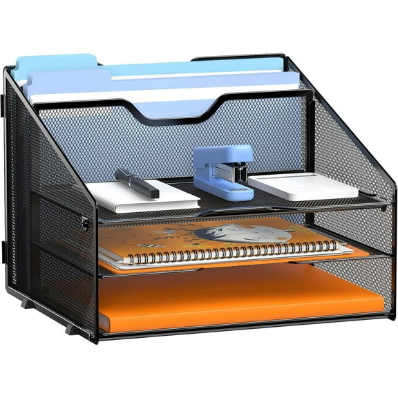 Letter Tray Organizer, Mesh Desk File Organizer with 3 Paper Trays and 2 Vertical Upright Section, Blank